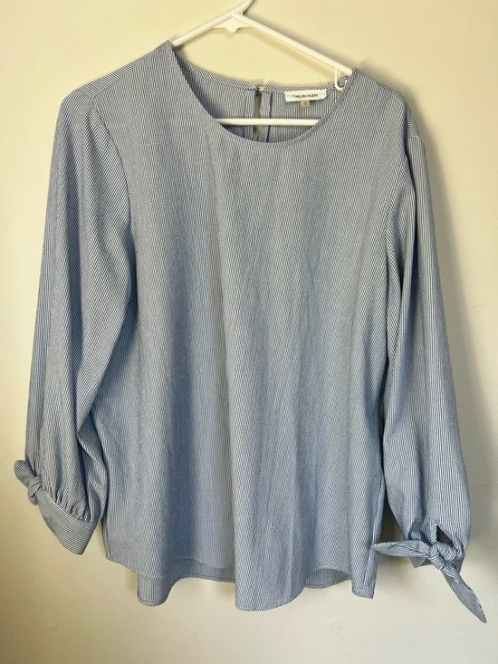 Calvin Klein Light Blue Striped Long-Sleeve Tie Cuff Top - Picture 1 of 5